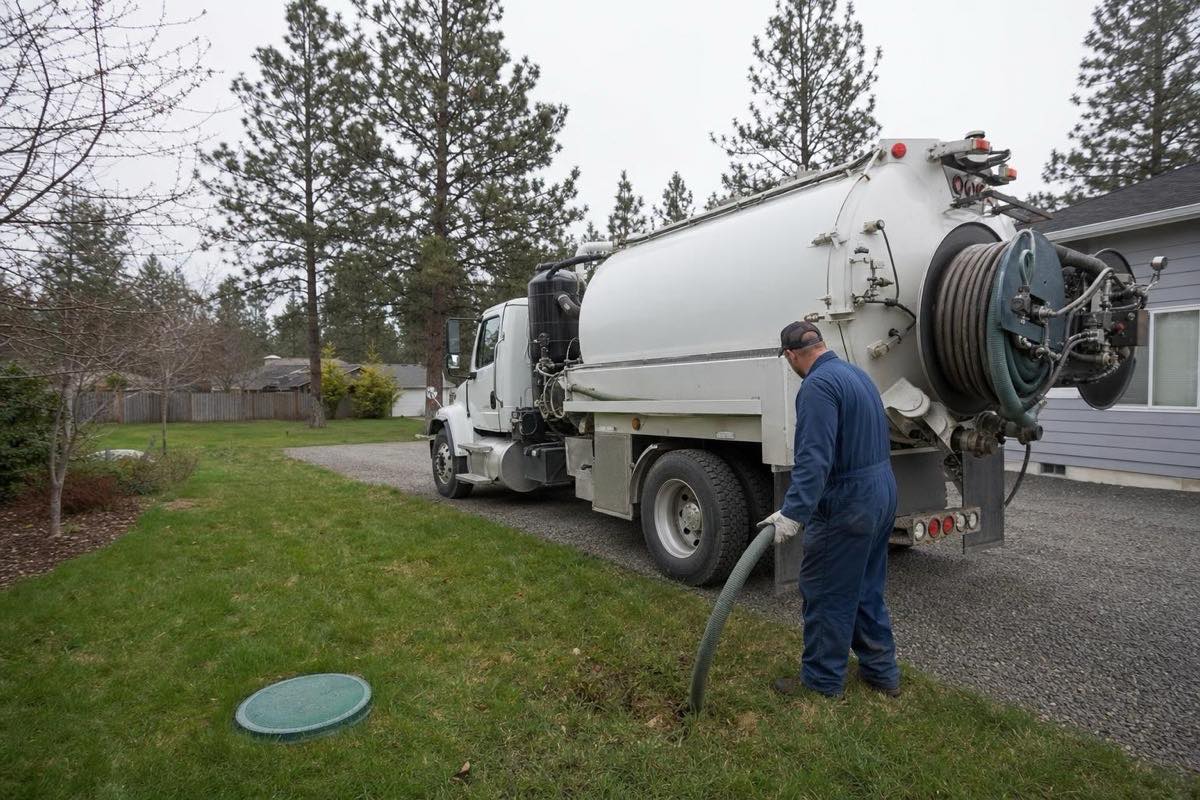 Septic tank pumping truck servicing a residential property in Spokane, WA