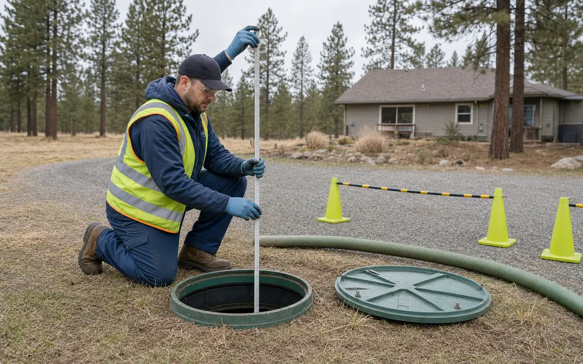 Septic technician measuring tank solids before pumping at a Spokane County home